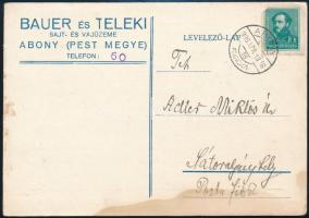 1936 Bauer és Teleki Sajt- és Vajüzeme Abony fejléces levelezőlap