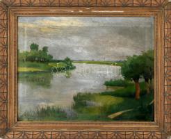 Markó Ernő (1868-1945): Vízparti táj. Olaj, vászon, jelzett. Hátoldalán Műcsarnoki kiállítási raglap...