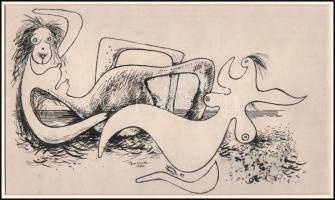 Bozsik István (1941-2006): Szürreális alakok (erotikus grafika). Tus, papír, jelzett, paszpartuban, ...