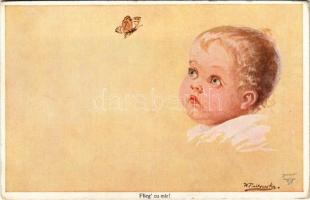 Flieg zu mir! / Children art postcard, butterfly. Wohlgemuth & Lissner Liebhaber-Sammelmappen Ungebetene Gäste No. 1219. s: W. Fialkowska (EK)