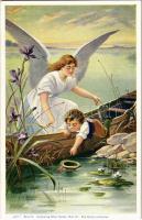 Halt! Serie 31. Kunstverlag Rafael Neuber / Children art postcard, angel s: R. Kratki