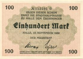 Német Birodalom/Weimari Köztársaság/Halle 1922.09.25. 100M (4x) egymásutáni sorszámmal T:I,I-