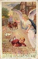 1900 Halt! Serie 31. Kunstverlag Rafael Neuber / Children art postcard, angel s: R. Kratki (felületi sérülés / surface damage)