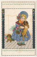 Children art postcard, girl with puppies. B.K.W.I. 633-1. (ázott / wet damage)