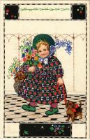 Children art postcard, girl with puppies. B.K.W.I. 633-4. (ázott / wet damage)