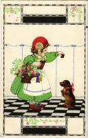 1917 Children art postcard, girl with puppies. B.K.W.I. 633-3. (EK)