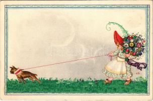 Children art postcard, girl with dog. P.J.G.W.I. 506-4. s: August Patek