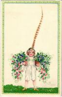 1918 Children art postcard, flowers. P.J.G.W.I. 506-2. s: August Patek (EK)