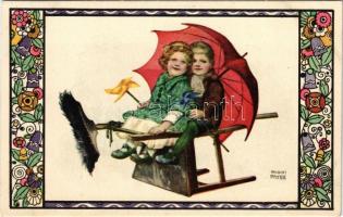 Children art postcard, romantic couple. B.K.W.I. 587-2. s: August Patek