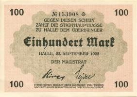 Német Birodalom/Weimari Köztársaság/Halle 1922.09.25. 100M (5x) egymásutáni sorszámmal T:I,I-