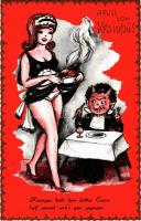 Gruss vom Krampus / Krampus with lady, erotic humour - modern art postcard