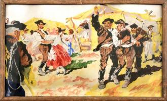 Jelzés nélkül, XX. sz. közepén működött magyar festő alkotása: Mulatság. Akvarell, papír. Üvegezett fa keretben. 31x48 cm