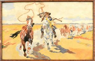 Jelzés nélkül, XX. sz. közepén működött magyar festő alkotása: Csikós. Akvarell, papír. Üvegezett fa keretben. 31x51 cm