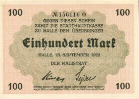 Német Birodalom/Weimari Köztársaság/Halle 1922.09.25. 100M (6x) egymásutáni sorszámmal T:I,I-