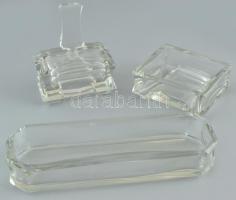 3 db üvegtárgy: asztali tintatartó + 2 db tálka, 9,5x6x5,5 cm, 10,5x8,5x4 cm, 22x7x4 cm
