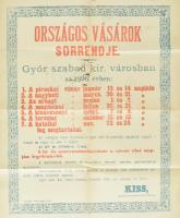 1895 Győr szabad kir. városban tartott országos vásárok rendjének hirdetménye, levélként küldve, hátoldalán címzéssel és bélyegzésekkel, hajtva, szélein kissé sérült, 51,5x42,5 cm