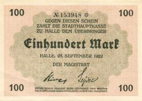Német Birodalom/Weimari Köztársaság/Halle 1922.09.25. 100M (3x) kis ugrású sorszámmal T:I,I-,II+