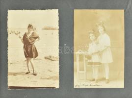cca 1917-1950 Régi családi fotóalbum, családi életképekkel, az albumból több képet kitéptek, 72 db fotó, vegyes méretben