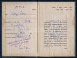 1963 Utry Anna (1907-1968) énekesnő szakszervezeti tagsági könyve