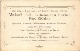 Kőhalom, Reps, Rupea; vár, tér, Michael Falk üzlete és saját kiadása, reklám a hátoldalon / castle, ...