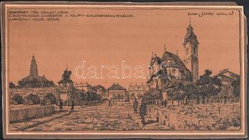 1929 Győr városrendezési pályázatára beadott kézzel rajzolt tervezet, Erzsébet tér távlati terve, jelige: Janik Kala, 21×38 cm