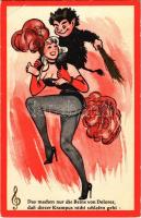 1967 Das machen nur die Beine von Dolores, daß dieser Krampus nicht schlafen geht / Krampus with lady, erotic humour - modern art postcard (fa)