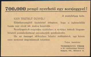 1941 700 000 pengő nyerhető egy sorsjeggyel! - Teodorovits Tódor m. kir. osztálysorsjegy főárusító szórólapja