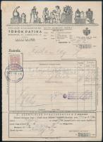1943 Bp., Szentlélek Gyógyszertár Rt. Török Patika fejléces számlája, okmánybélyeggel, hátoldalán kézzel írt levél