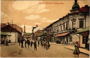 Losonc, Lucenec; Kossuth Lajos utca, Wenish F. Józse cukrász, Első Losonczi férfi, fiú és gyermekruha nagyáruház üzlete. Lantos Aranka kiadása / street, shops, confectionery (EK)