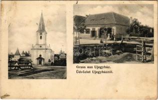 1908 Újegyház, Leschkirch, Nocrich; Evangélikus templom, J. Bernhardt üzlete és saját kiadása / Lutheran church, shop (EK)