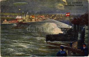 1917 Az Osztrák-Magyar Haditengerészet Velence bombázásánál / Beschießung Venedigs. K.u.K. Kriegsmarine / WWI Austro-Hungarian Navy art postcard, Bombing of Venice s: F. Höllerer (EK)