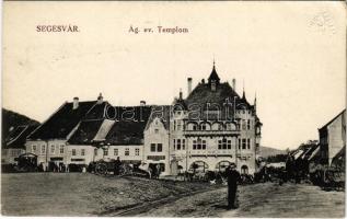 Segesvár, Schässburg, Sighisoara; Ágostai evangélikus templom, tér, gyógyszertár, Josef Girscht üzlete / church, square, shops, pharmacy (EK)