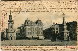 1903 Temesvár, Timisoara; Kossuth tér, templom, emlékmű, Bruder Kohn üzlete / square, church, statue, shops (EK)