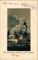 1912 Kisjenő, Kis-Jenő, Chisineu-Cris; Római katolikus templom. Messer Lipót kiadása / church