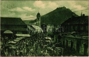 1924 Huszt, Chust, Khust; Tydenní trh / Heti vásár lerombolt házzal, piac / market with destroyed building