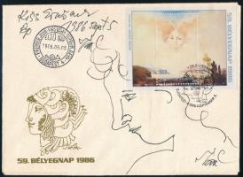 Szász Endre (1926-2003): Női arckép. Bélyegnap FDC-n, az általa tervezett bélyegekkel. Bélyegnap blokk, tus, papír, jelzett. 12x17 cm