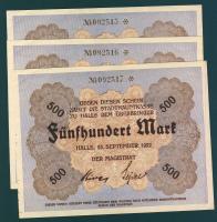 Német Birodalom/Weimari Köztársaság/Halle 1922.09.25. 500M (3x) egymásutáni sorszámmal T:I- saroktörés