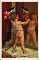 Es lebe der Reservemann / WWI German military art postcard, naked boy with sword and German flag in front of the mirror (EK)