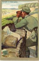 Beobachter im Schützengraben. Leibniz Keks / WWI German military art postcard, observer in the trenches, biscuit advertisement. H. Bahlsens Keksfabrik (Hannover) Feldpostkarte s: W. Georgi (EK)