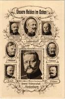 Unsere Helden im Osten. Von Below, v. Ludendorff, v. Eichhorn, v. Mackensen, v. Francois, v. Kosch, Litzmann, General-Feldmarschall v. Hindenburg / WWI German military art postcard, military leaders