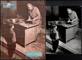 Ács (Haas) Irén (1924-2015) fotóriporter felvétele az első bizonyítvány osztásáról, jelzés nélküli, hátoldalán feliratozott vintage fotó, sarkaiban törésekkel, 24x18 cm + Ország Világ folyóirat 1962. febr. 21. lapszáma, címlapon a fotóval