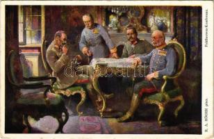 Feldherren-Konferenz / WWI Austro-Hungarian K.u.K. and German military art postcard, Archduke Friedrich, Wilhelm II, Hötzendorf, Hindenburg. W.R.B. & Co. Nr. 221. s: R. A. Höger (EK)