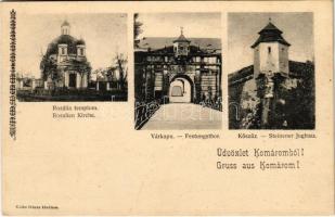 Komárom, Komárnó; Rozália templom, várkapu, Kőszűz. Czike Dénes kiadása / church, castle gate and statue
