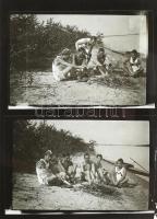 cca 1910-20 kb. 20 db üvegnegatív különböző témákban (fürdőzők, téli táj, automobil) fa dobozban, ré...