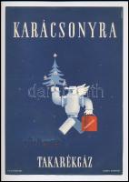 cca 1935 Karácsonyra takarékgáz, Konecsni György (1908-1970) szignált reklámplakát, szép állapotban, 24,5×17 cm