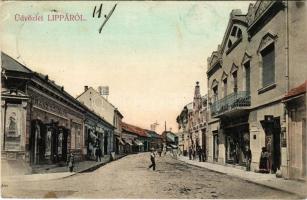 1910 Lippa, Lipova; utca, Franz Schwarz és Schwarz Adolf üzlete / street, shops (EK)