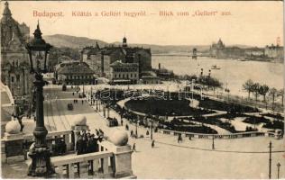 1907 Budapest I. Kilátás a Gellért-hegyről, Tabán, Döbrentei tér, Rác fürdő, vendéglő, villamos. Taussig Arth. 8702. (Rb)