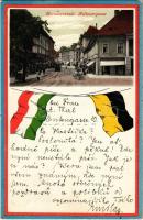 1916 Nagyszeben, Hermannstadt, Sibiu; Disznódi utca, Julius Wermescher üzlete. Magyar és Habsburg zászlók / Heltauergasse / street, shop. Hungarian and Habsburg flags