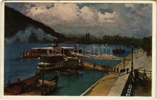 Budapest, Erzsébet híd, pesti rakpart, gőzhajó. Művészlevelezőlap Hausner H. 7014/9. (EM)