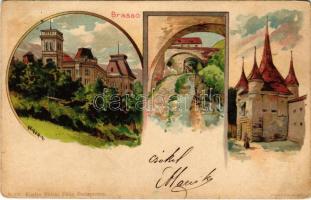 1900 Brassó, Kronstadt, Brasov; Lövölde, Katalin kapu, Árokmente. Vidéki Félix kiadása / shooting hall, gate, Graft. Kosmos S. VII. litho s: Geiger R. (Rb)